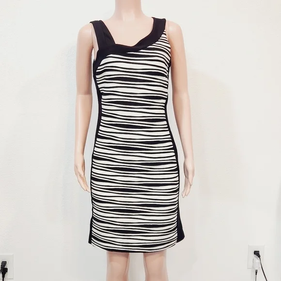 BALI Textured Striped Wave Colorblock Asymmetrical Shoulder Dress Size L - Picture 3 of 14